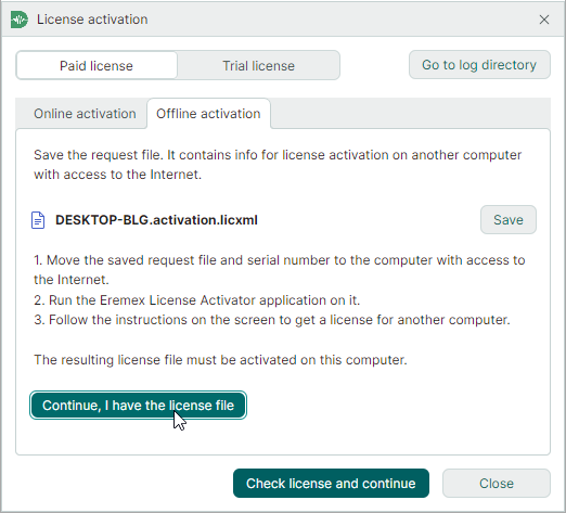 Continue with license file