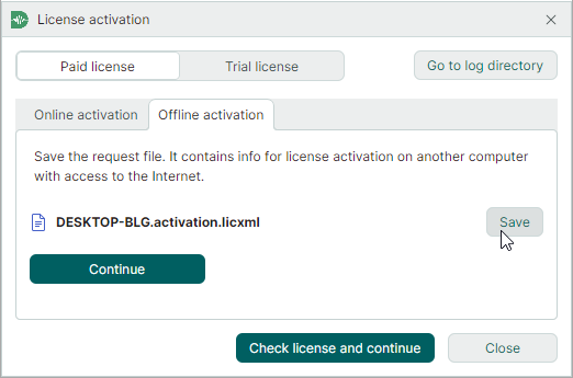 Save license request file