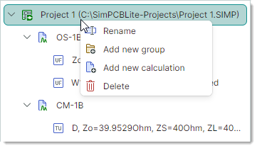 Context menu for project