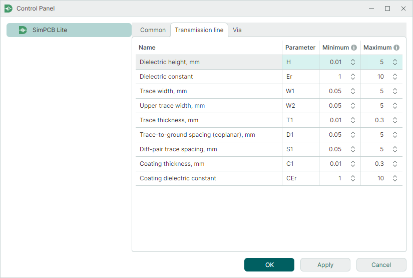 Control Panel - Transmission Line Settings