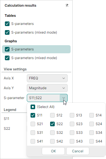 S-parameters results for diff pairs - Graph - Choose multiple params